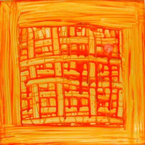 Geometrische Acrylmalerei auf quadratischem Glas in Gelb- und Orangetönen