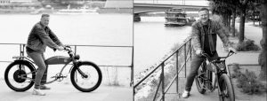 Doppelseite: Zweimal Mann auf Vintagerad am Rhein